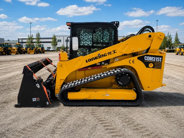 Ляв страничен изглед на CDM315T с кофа, товарни рамена и гумена верижна система.