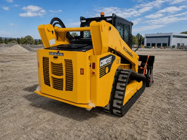 Изглед отзад-вдясно на CDM315T с капак на двигателя, верижна база и моделова маркировка.