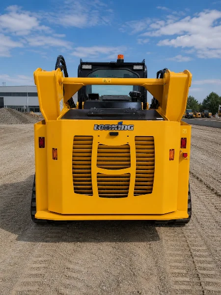 Заден изглед на компактния верижен товарач CDM315T със сервизен достъп и ширина на машината.