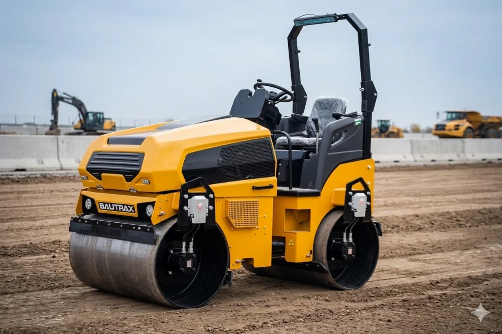 Двубандажен валяк BAUTRAX DR30 в преден изглед с компактно шаси и стоманени барабани.