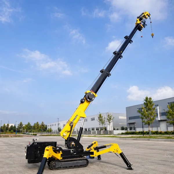Страничен профил на кран паяк Bautrax SPC30 с повдигната стрела и верижна ходова част.