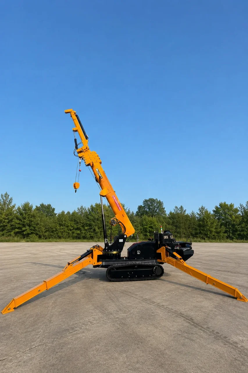 Спайдър кран BAUTRAX SPC50 в прибрано транспортно положение на гумени вериги, страничен изглед на фона на синьо небе